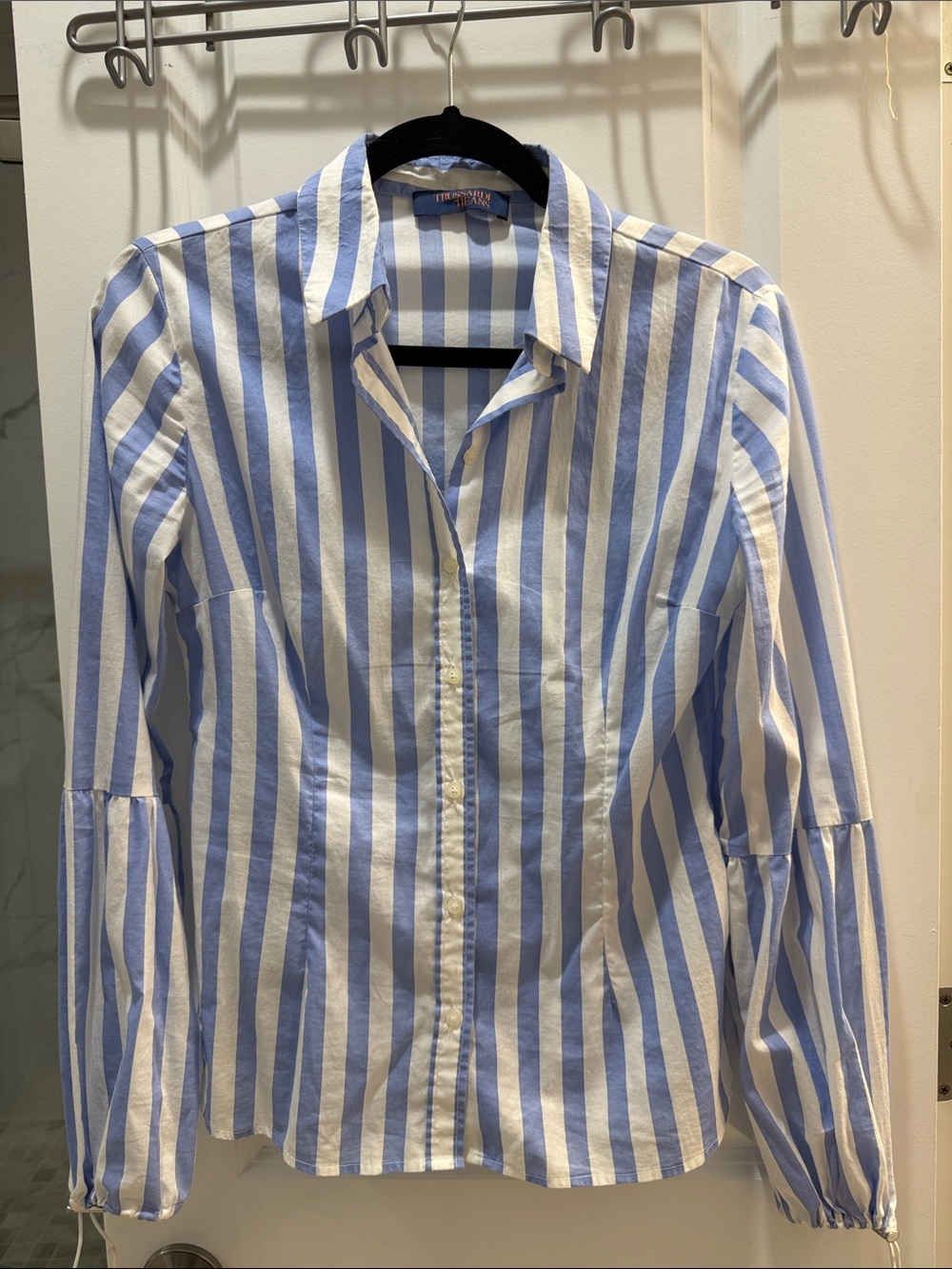 Trussardi Blue and White Striped Shirt with Contrast Logo Tag